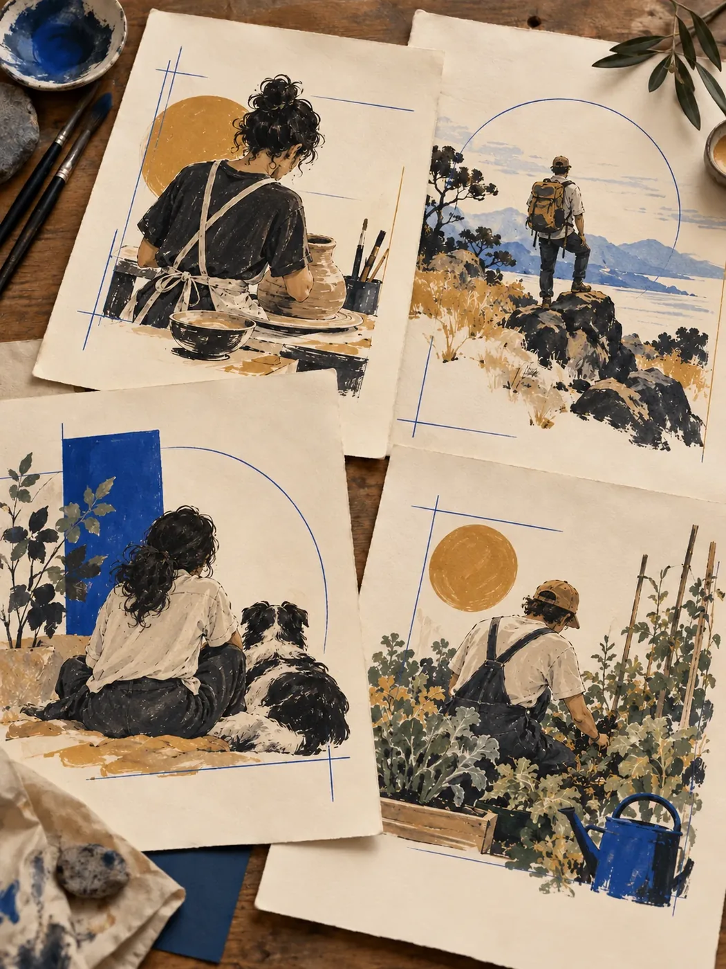Four illustrated studies of everyday human activities arranged on an artist’s table