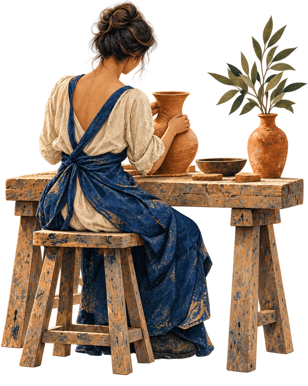 A painterly back-view artisan shaping a terracotta vessel at her workbench
