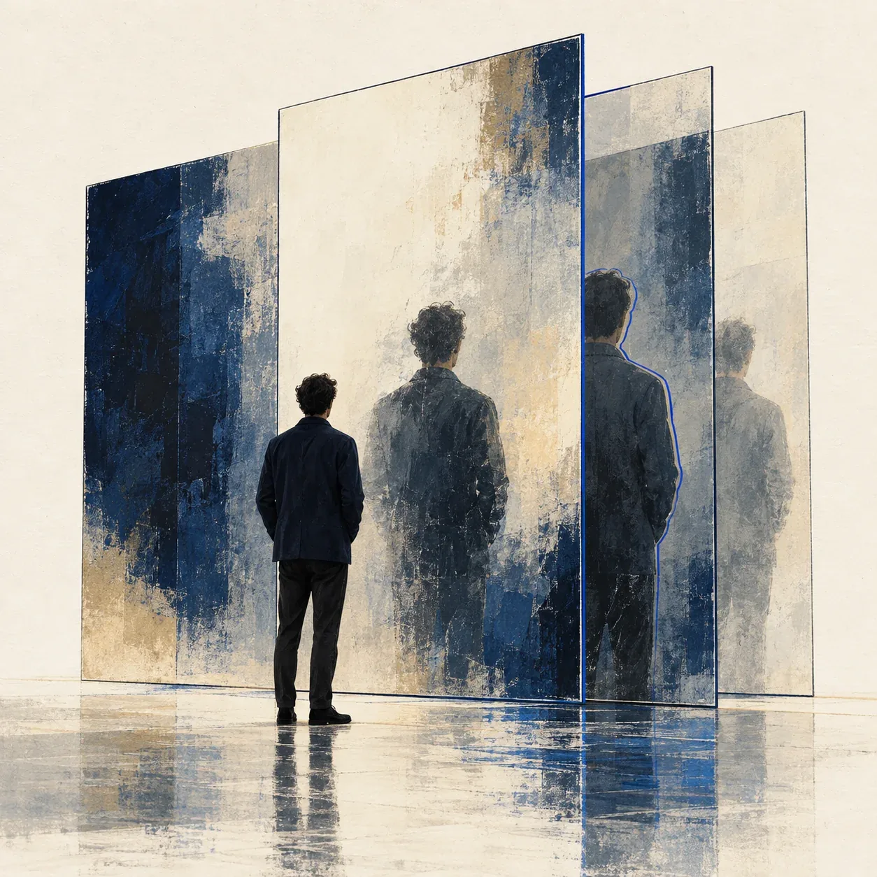 A person seen from behind examining several overlapping reflections
