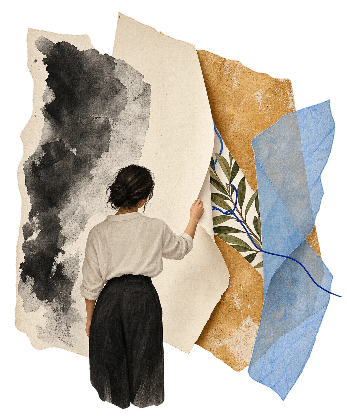 A back-view figure draws aside layers of paper to uncover a living branch